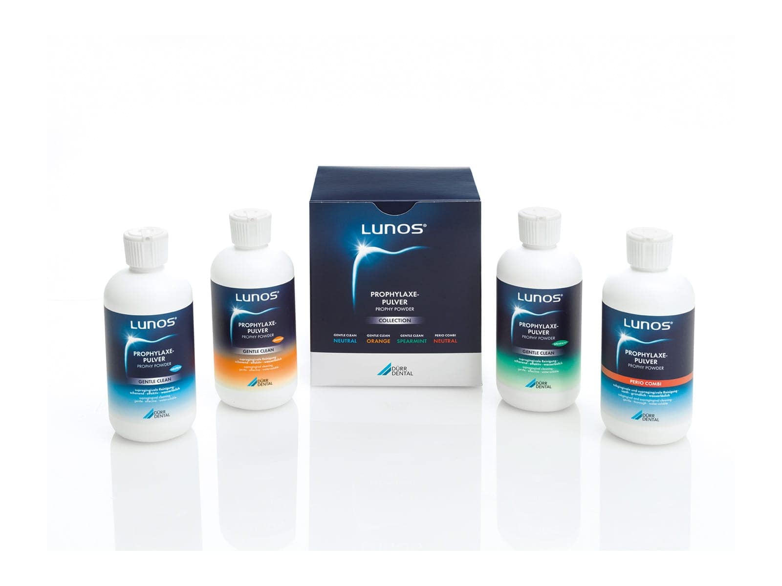 Die Prophylaxepulver Lunos® Gentle Clean und Lunos® Perio Combi sind erhältlich in den Geschmacksrichtungen Orange, Spearmint und Neutral.